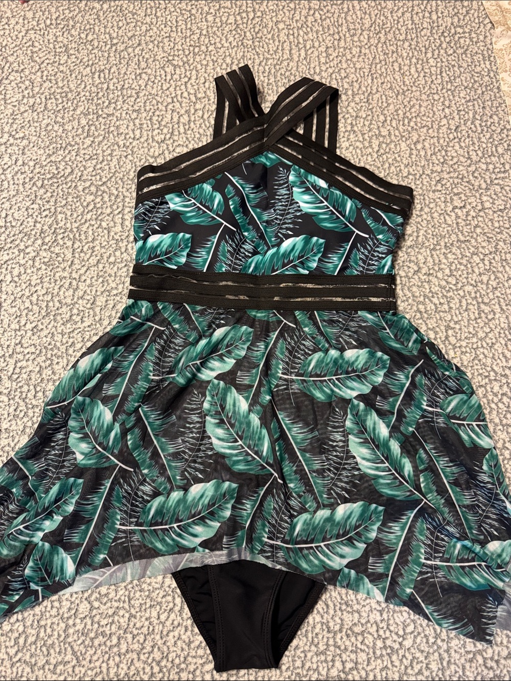 SHEIN Black & Teal Tropical Leaf Swim Dress Bikini